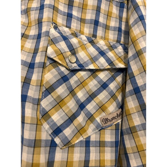 Wrangler Wrancher Western Pearl Snap XL Button Down LS Plaid Yellow Blue Vintage - Picture 2 of 4